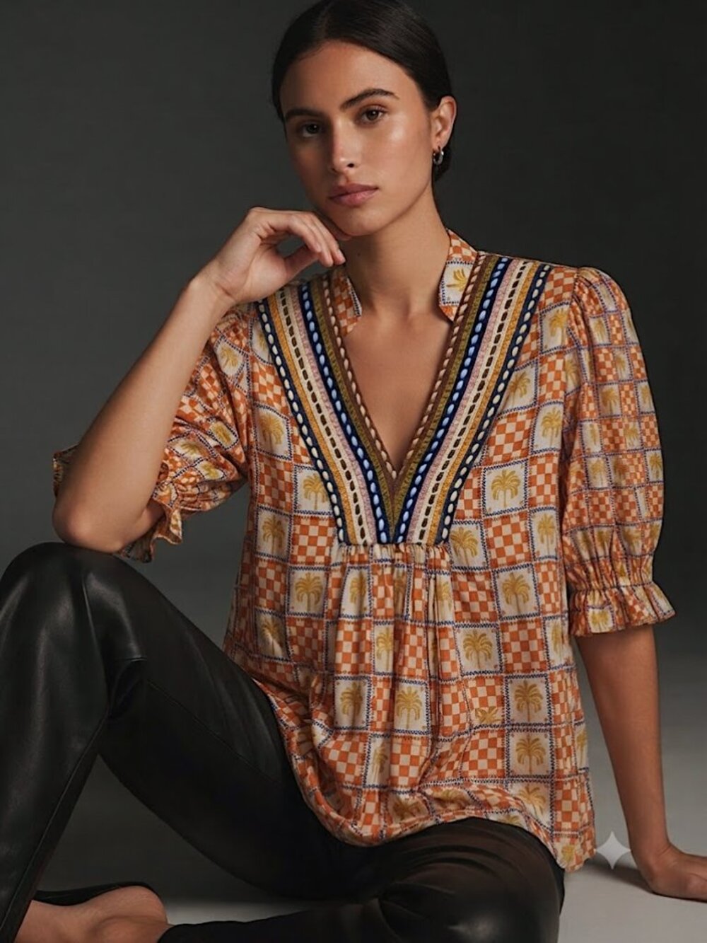 Blank London Anthropologie Stephanie Check Palm Embroidery Blouse Size XX-Small